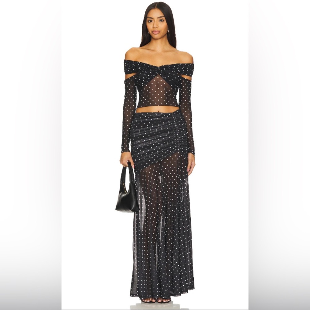 NEW AFRM Leroy Polka Dot Maxi Sheer Skirt in Noir Dot